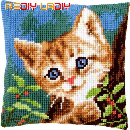 Cross Stitch Cushion Cover Cat On A Tree Pillow Case Pre-Printed Canvas Acrylic Thick Yarn Crafts Cross-stitch Needlepoint Kit