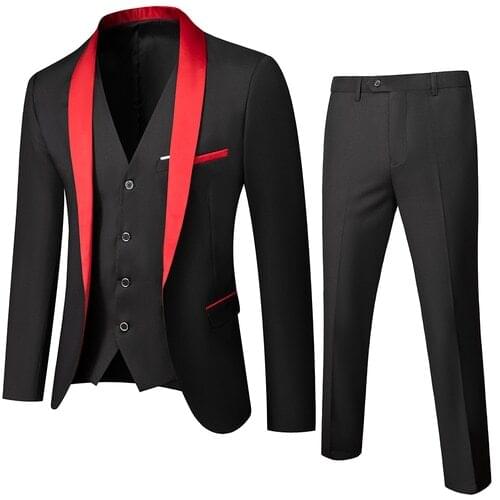 New Black Men Suits Red Shawl Lapel Wedding Dress Slim Fit Costume Homme Groom Suits Tuxedos 3 Pcs Prom Terno Masculino Blazer