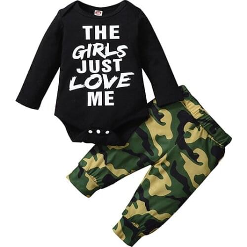 New Autumn Children Fashion Clothes Baby Boys Black Long Sleeve Bodysuit Camo Long Pants 2Pcs sets Kids Infant Casual Tracksuit