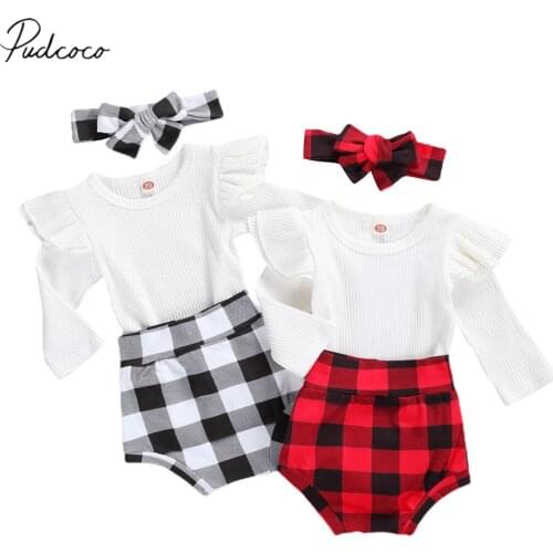 Autumn Winter Newborn Baby Girls Outfit Set Long Sleeve Knitted Romper Plaid Shorts Headband Set Xmas Kids Outfits