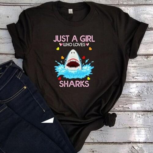 Shark Shirt for Women Shirts Just A Girl Who Loves Sharks Tshirt Women Vintage Cartoon Clothing Streetwear Korean Clothes 90s L