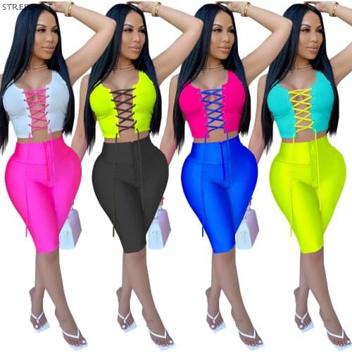 2020 Tracksuit Women 2 Pieces Set Sexy Vest Bandage Crop Top Bodycon Shorts Set Club Outfits Festival Clothing Chandal Mujer