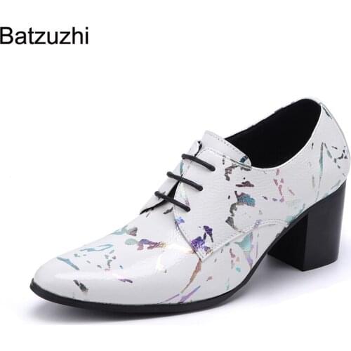 Batzuzhi 7cm High Heels Mens Shoes Lace-up Pointed Toe Genuine Leather Dress Shoes Men White High Heel Wedding/Party Footwear