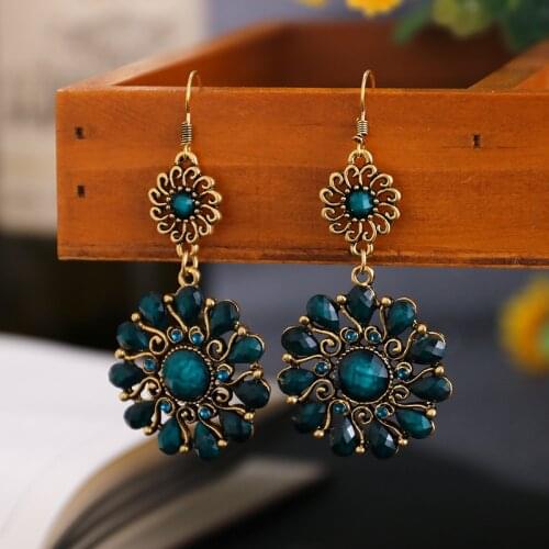 Vintage Womens Round Sun Flower India Earrings Female European and American Ethnic Boho Earrings Rhinestone Waterdrop Jewelry