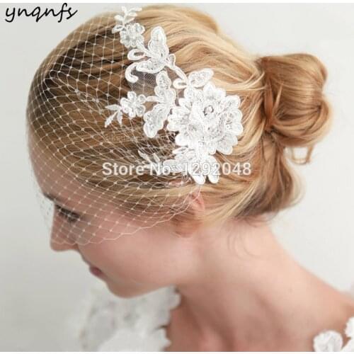 YNQNFS V20 Real Lace Appliques Pearls Vintage Birdcage Veil Blusher Veil Simple Wedding Veils Hair accessories Mom decoration