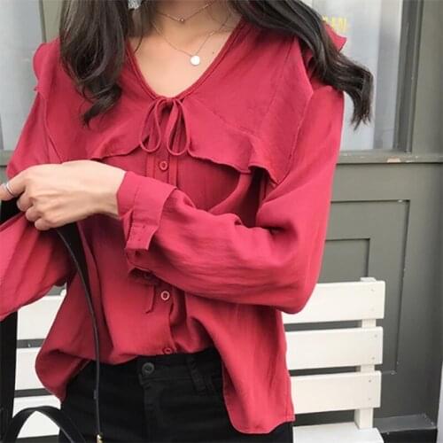 Women Ruffled V-neck Blouse Summer Casual Lace Up Shirt Top Elegant Long Sleeve Blouse