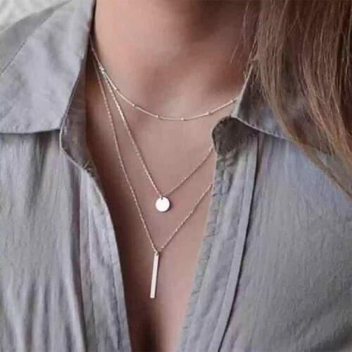 Womens Personality Rustless Gold Silver Color Stainless steel chain Found Pendant Multilayer 3 Layers girl Necklaces Choker