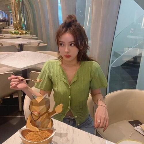 Womens Short Sleeve Summer Outfit Short Net Wild Knit Cardigan Green One Size