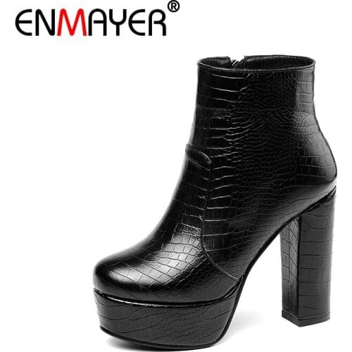 ENMAYER Square Heel Microfiber Ankle Round Toe Super High Women Boots Winter Fashion 2020 Rubber Solid Winter Boot Leather Shoes