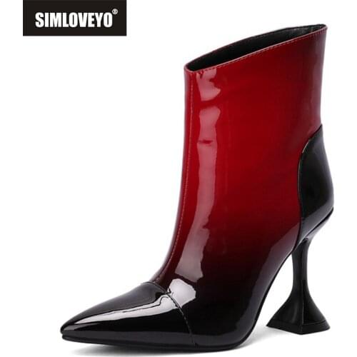 10cm Thin Heels Ankle Boots Patent Leather Women Sexy Lady Pointed Toe Shoes 2021 New Autumn Apricot Red Zip Patchwork S2355
