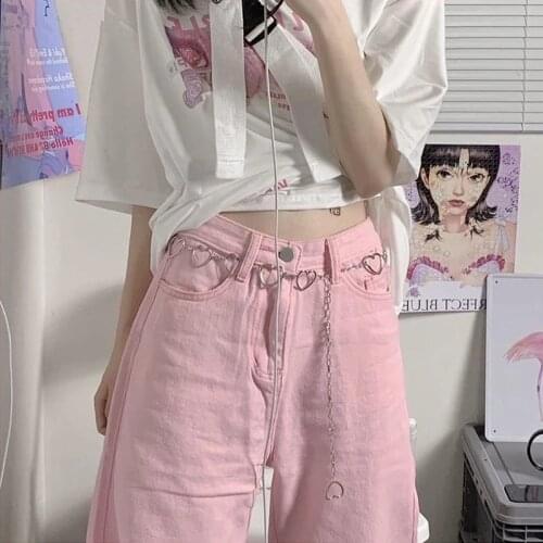 Wide Leg Jeans Women Denim Pink Loose High Waist Heart Chain All-match Fashion Kawaii Summer Thin Casual Cute Leisure Breathable