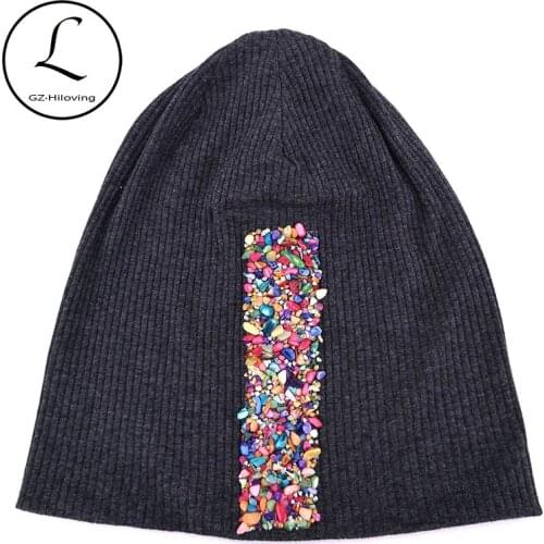 New Arrival Colorful Rhinestones Ribbon Beanies hats For Women Ladies Casual Autumn Cotton Ribbed Slouch Skullies Hats And caps