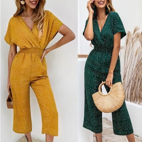 Women Polka Dot Jumpsuit High Waist Rompers Boho Yellow Short Sleeve V Neck Wide Leg Pants Pocket Summer 2020 Jumpsuits Ladies