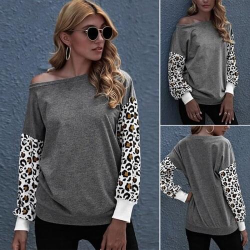 Womens Loose Temperament Commuter Round Neck Pullover Leopard Print Long-Sleeve Sweater Gray