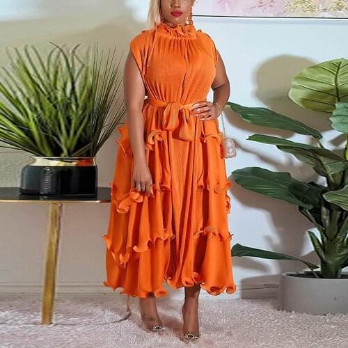 Women 2021 Trend New Famous Fashion Dress Solid Ruffles High Waist Green Orange Elegant Luxury Dinner Party Dress Maxi New Year