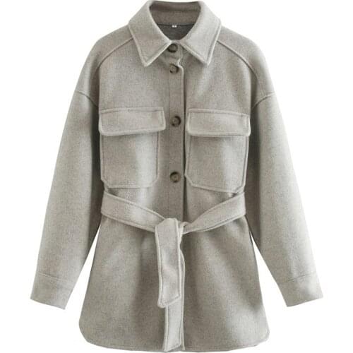 European Autumn Winter Women Chic Wool Coats With Belt 2021 Solid Long Sleeve Pockets Outerwear Turn Down Collar Elegant Coat