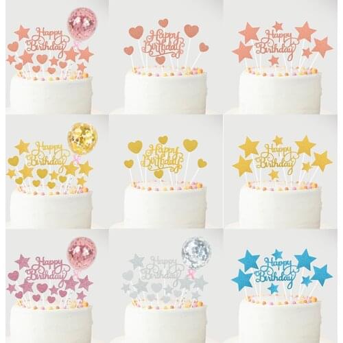1 Set Creative Glitter Happy Birthday Cake Topper Heart Star Cupcake Topper For Birthday Party Baby Shower Cake Decor Supplies