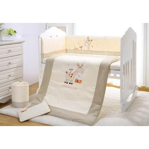 Promotion! 7PCS embroidery Baby Bedding Bumper Cartoon Rabbit Newborn Cotton Crib Bedding ,include(2bumper+duvet+sheet+pillow)