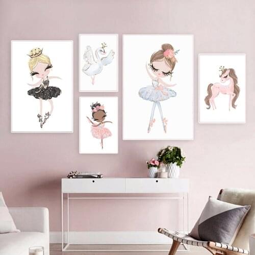Ballet Princess Nursery Wall Art Canvas Painting Nordic Poster Unicorn Swan Print Wall Pictures for Baby Kids Bedroom Decoration
