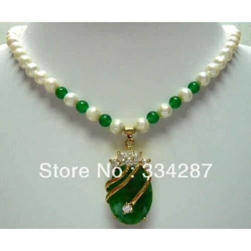 Noble White 7-8 Genuine Pearl Green jades pendant women Jewelry Necklace 18inches