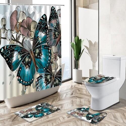 Color Butterfly Floral Shower Curtain Orchid Flower Fashion European Style Bathroom Decor Non-Slip Rug Toilet Cover Bath Mat Set