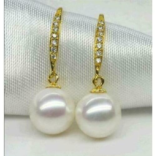 FINE AAAA JEWELRY 10-11MM PERFECT SOUTH SEA ROUND WHITE PEARL DANGLE EARRING