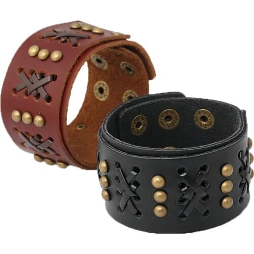 Jessingshow 2021 New Fashion Black Brown Genuine Leather Wide Bracelet Bangles Cuff Wristband Rock Punk Women Men Bracelets