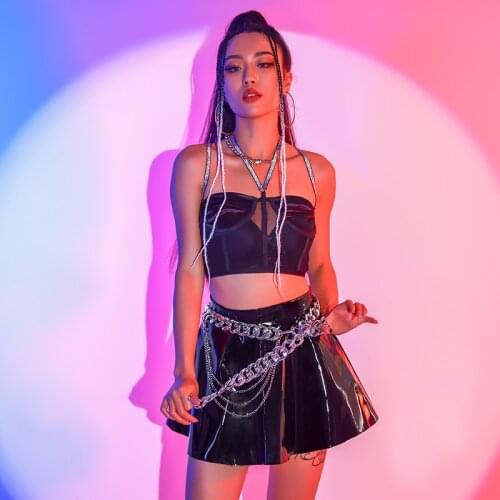 Sexy Dj Costumes Women Gogo Dancer Rave Outfit Black Leather Skirt Nightclub Bar Party Showgirl Singer Jazz Dance Costume BL6744
