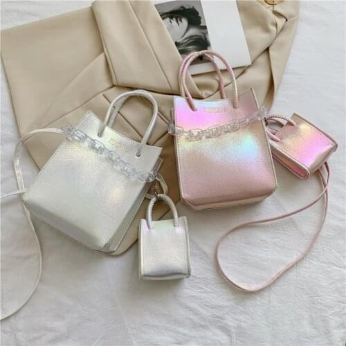 Fashion Women PU Leather Laser Solid Color Crossbody Shoulder Messenger Bag Casual Ladies Acrylic Chain Small Top-handle Handbag