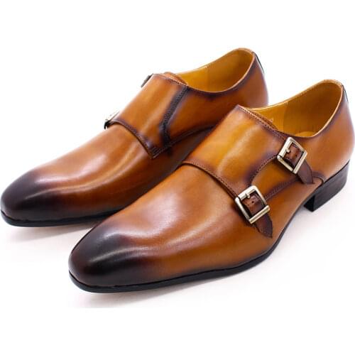 FELIX CHU Mens Wedding Monk Strap Dress Shoes Genuine Leather Men Basic Brown Formal Shoes Double Buckle Luxury Gentleman Shoes
