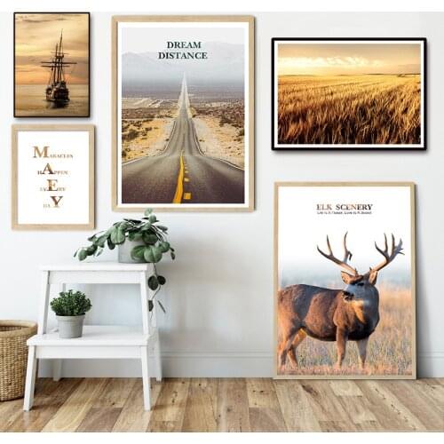 Wall Art Bohemia Painting Deer Sailboat Highway Wheat Field Canvas Picture Nordic Living Room Bedroom Poster and Prints Decor