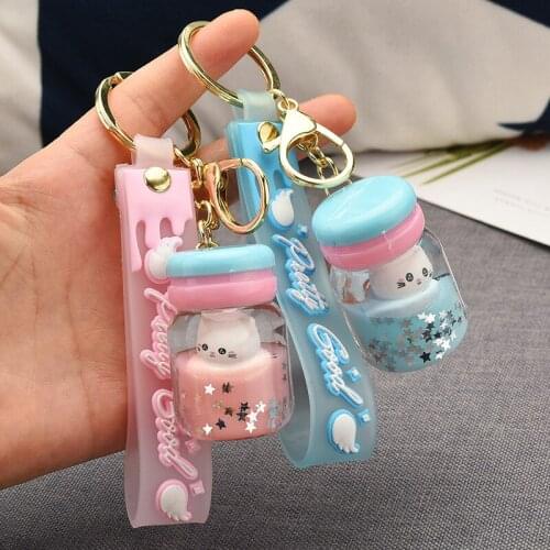 New Cute Bubble Tea Cat Keychain Creative Milk Teacup Liquid Crystal Quicksand Sequins Cat Keychain Acrylic Women Bag Pendant