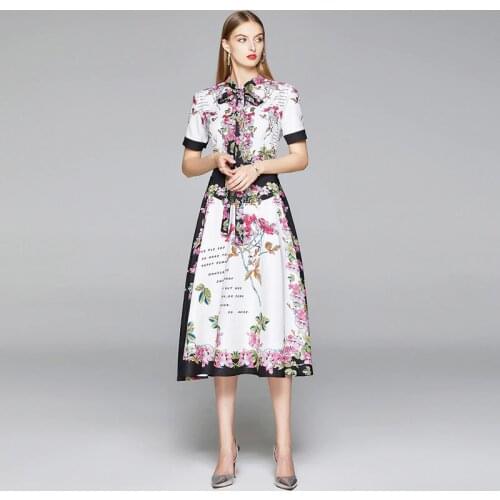 WTIANYUW 2021 New Summer Runway Designer Bow Neck Dress Women Short Sleeve Letter Floral Print Vintage Female Elegant Midi Dress
