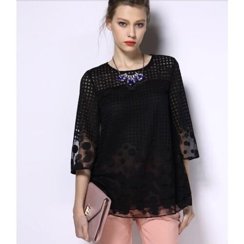 O Neck M-5XL 2020 Summer New Womens Lace shirts Black Red Embroidery Blouses Shirt plus size Chiffon Women Shirt ruffle 880A