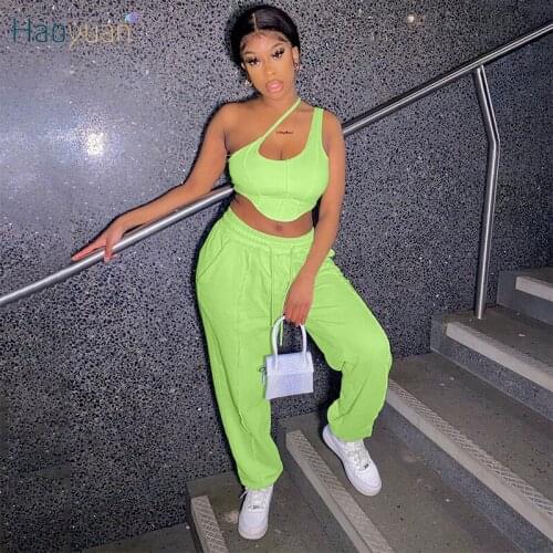 HAOYUAN Sexy Two Piece Set Off Shoulder Crop Top Lace Up Sweatpants Tracksuit Women Outfits Festival Clothes Club Matching Sets