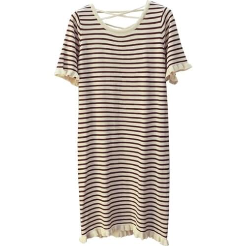 PERHAPS U Striped Black Brown Khaki Beige Green Ruffle Hollow Out Backless Ruffle Knitted Short Sleeve Mini Short Dress D0412