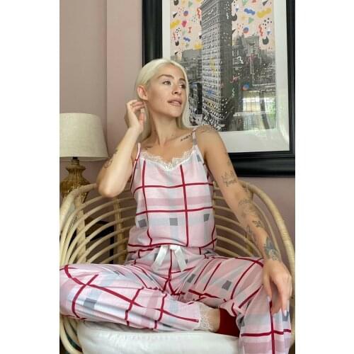 Womens Two Piece Pajamas Set Plaid Striped V-Neck Rope Strap Nightgown Set Comfortable Cute Ruched Rope Strap Knitted