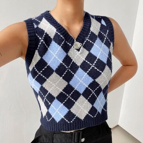 Autumn Winter Knit Sweater Vest For Women Sleeveless rhombus Geometry Print Sweater Elegant Ladies Pull Top Knitwear Streetwear