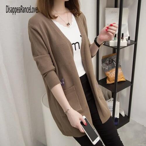 2020 Casual Long Knitted Cardigan Autumn Korean Elegant Women Loose Solid Color Pocket Outwear Sweater Jacket Cape Cartoon Top