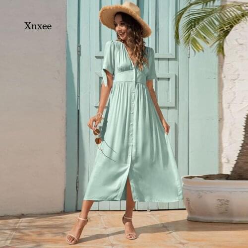 Fashion V Neck Midi Dress High Waist Patchwork Bodycon Single Breasted Women Casual Loose Cuff Short Sleeve Lady Summer Dresses