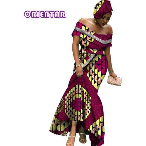 2020 Fashion African Dresses for Women Glittering Slash Neck Ankara Long Dress African Print Women Party Evening Dress WY6396