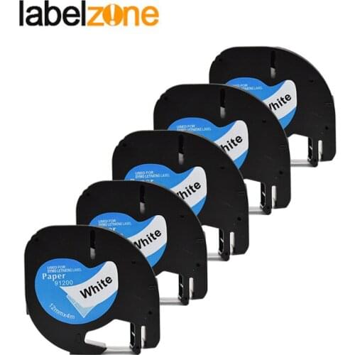 5pcs 12mm Paper Label Tape Compatible Dymo 91200 Label Ribbon Balck on White LT91200 91330 91220 59421 for DYMO Letratag Printer