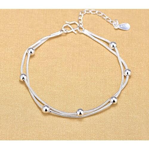 7 pcs Ball Beads Bracelets Top Double Layered Snake Chain Bracelet For Women Silver Color Jewelry Gifts