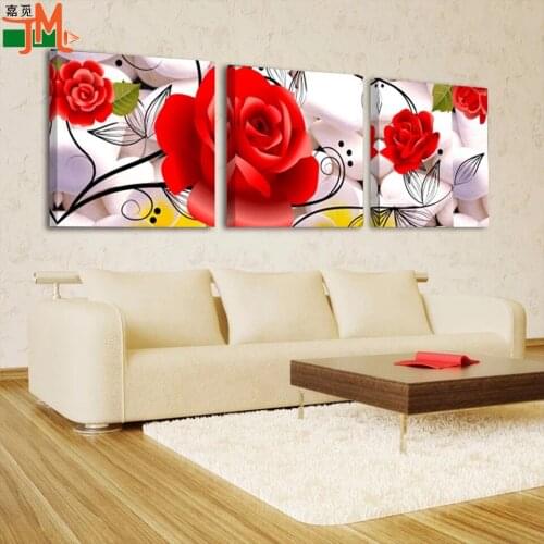 3 Piece Full Square Diamond Painting Red Rose Flower And Stone Diamond Embroidery Rhinestones Triptych Cross stitch Mosaic Decor