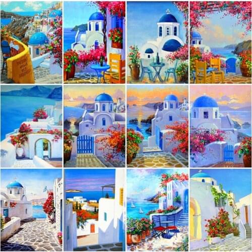 AZQSD 5D Diamond Embroidery Building Seaside Town Mosaic Diamond Painting Landscape Rhinestones Handicraft Home Decoration