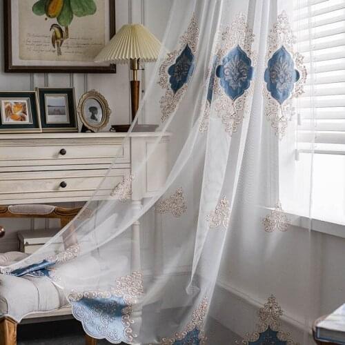 Velvet Embroidery Tulle Curtain Blue Appliqué Embroidered Yarn Living Room Bedroom Translucent Curtain Tulle Home Decoration50
