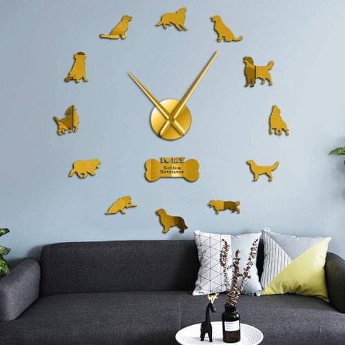 Silent Quartz DIY Wall Clock Golden Dog Retriever Canine Puppy Pet Self Adhesive Clock Watch Fashion Home Decoration
