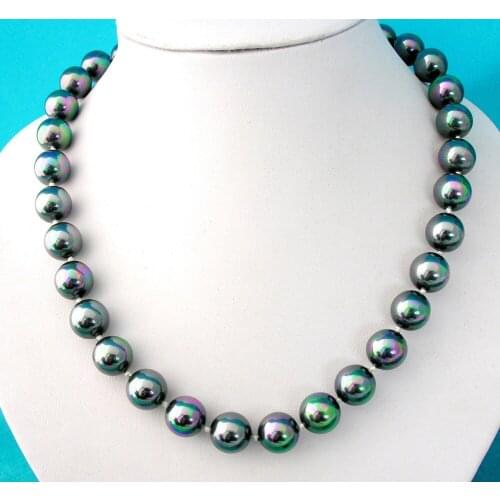 Large 12mm High Luster Black Round Shape Sea Shell Pearl Bead Necklace Chain 18inch real Women Fine for lady jewelry