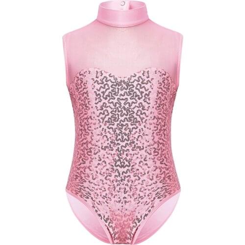 Child Kid Girls Sparkly Sequins Sleeveless Mock Neck Tulle Splice Keyhole Back Ballet Dance Gymnastics Leotard Jumpsuit Bodysuit