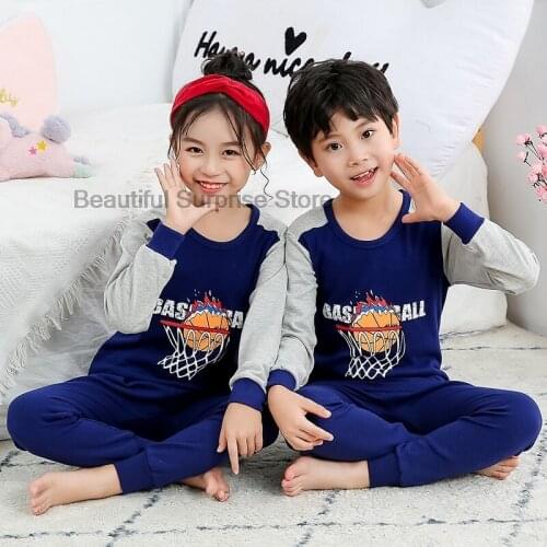 Child Cotton Pajamas Set Boys Cotton Long Sleeves Girls Blue Nightwear Soft Home Clothes Kids Cartoon Cute Bear Sleepwear Sets